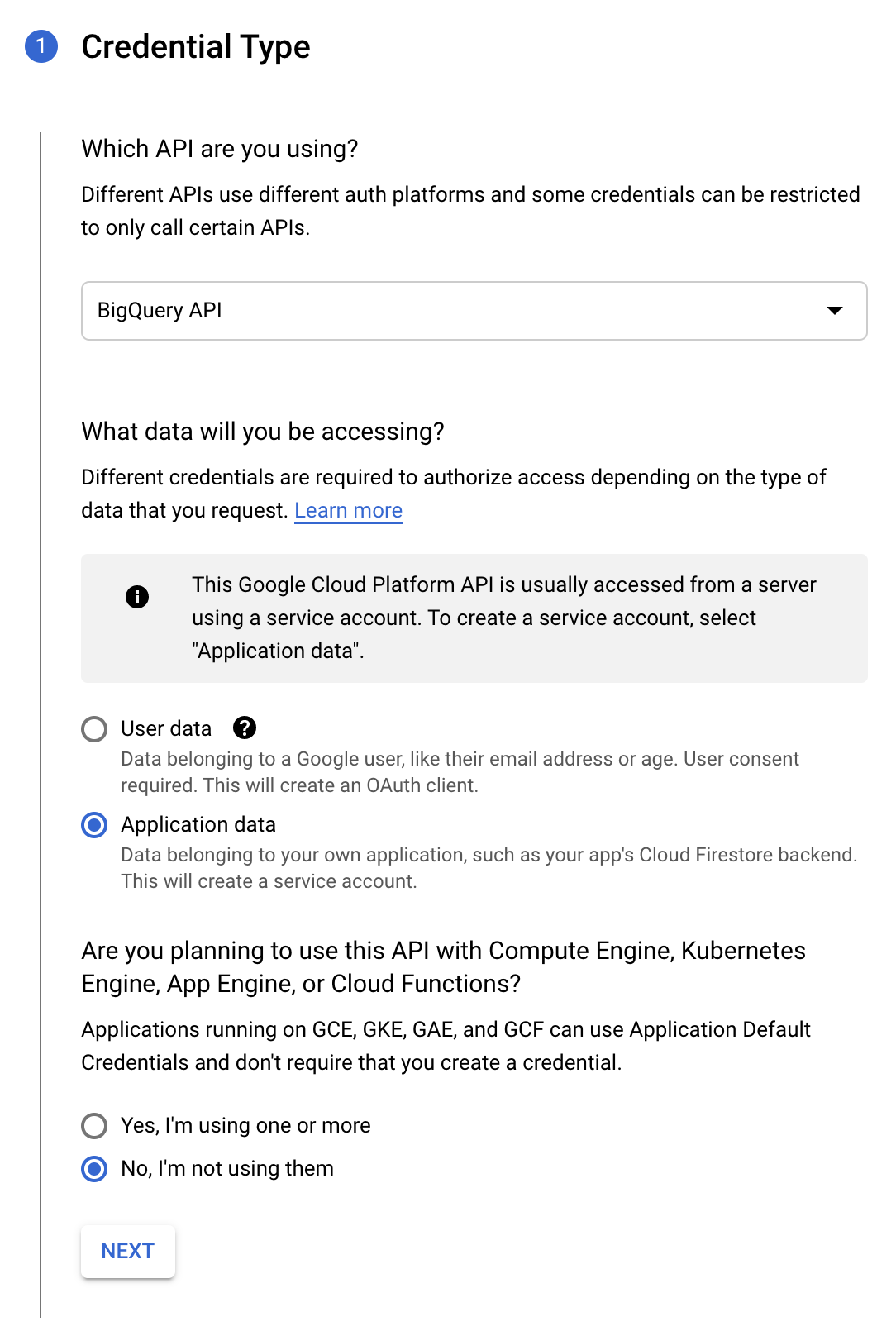 Screenshot of credential and service account creation in GCP